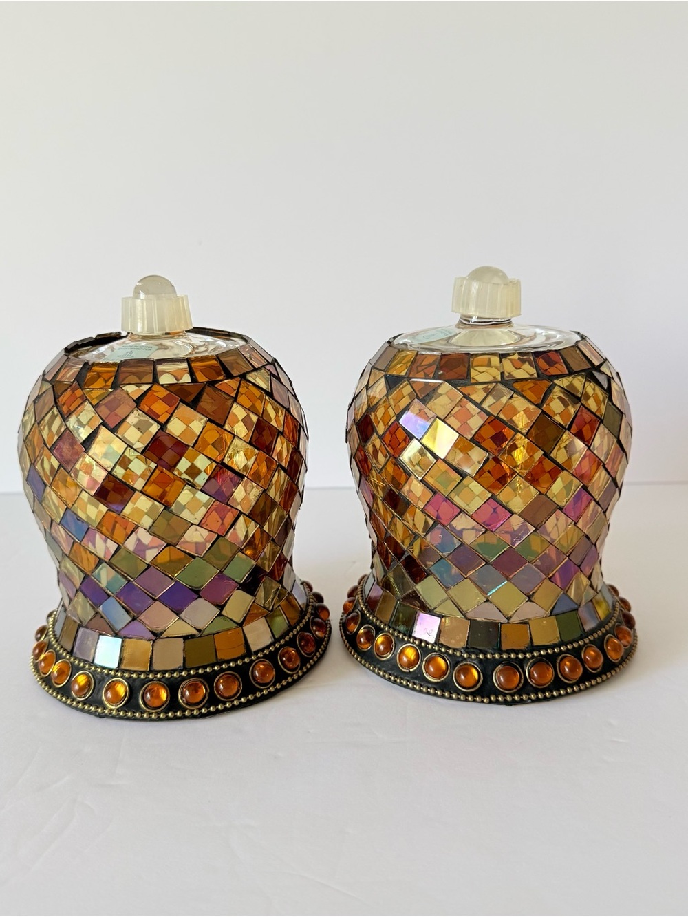 Set of 2 Partylite GLOBAL FUSION Peglite Candle Cup Mosaic Glass Amber P8696 New
